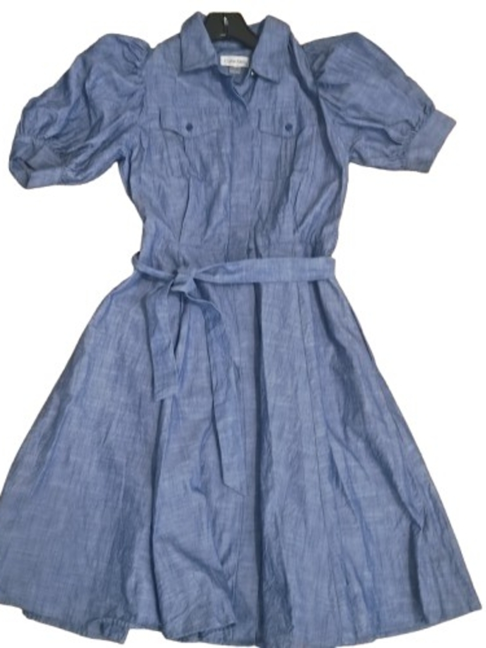 Calvin Klein Chambray Puff-Sleeve Button Front A-line Shirt Belted Dress 4 NWOT